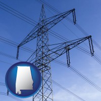 alabama map icon and electrical utility transmission towers