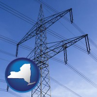 new-york map icon and electrical utility transmission towers
